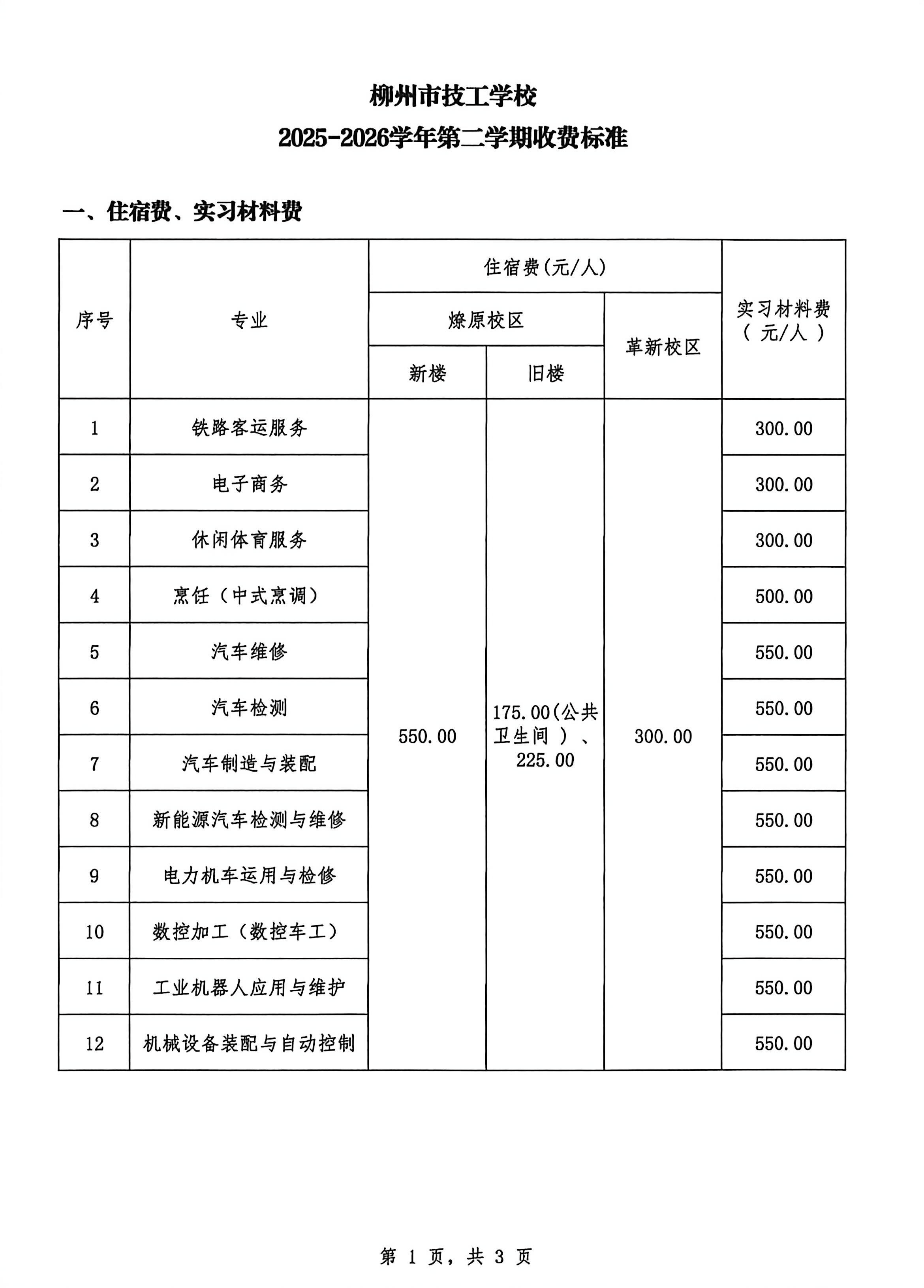 柳州市技工学校2025-2026学年第二学期收费标...
